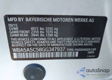 2016 BMW 528I z USA, uszkodzony, nr VIN WBA5A5C58GG347937